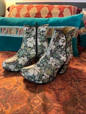 John Fluevog Floral Green & White on Black Ankle Boots with Button Accents